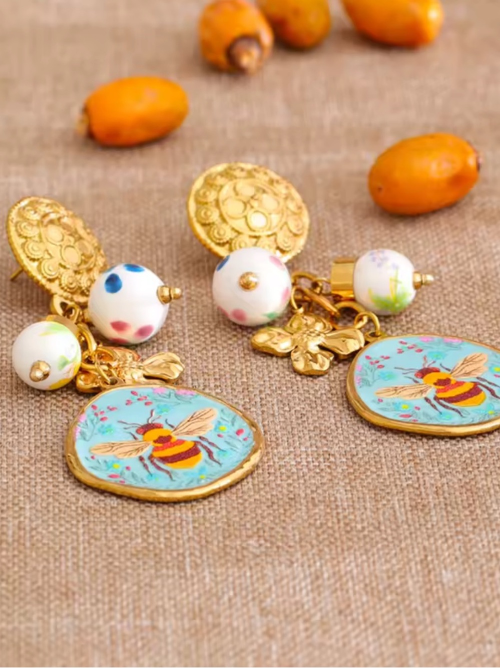 Whimsical Bee Blue Floral Charm Earrings - Picture 2 of 13